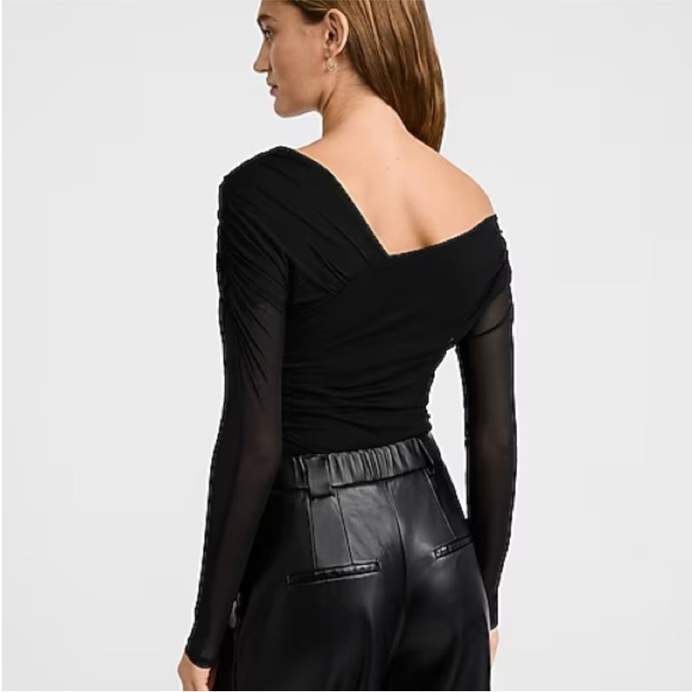 Express Mesh Asymmetrical Off the Shoulder Long Sleeve Ruched Bodysuit size S - Picture 2 of 3